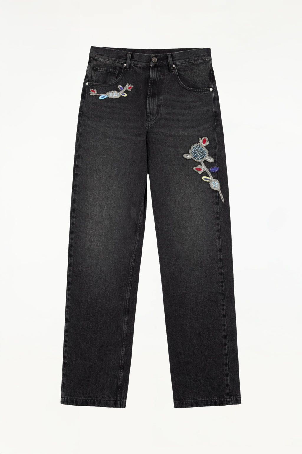 Hand-Embroidered Flower Denim Pants