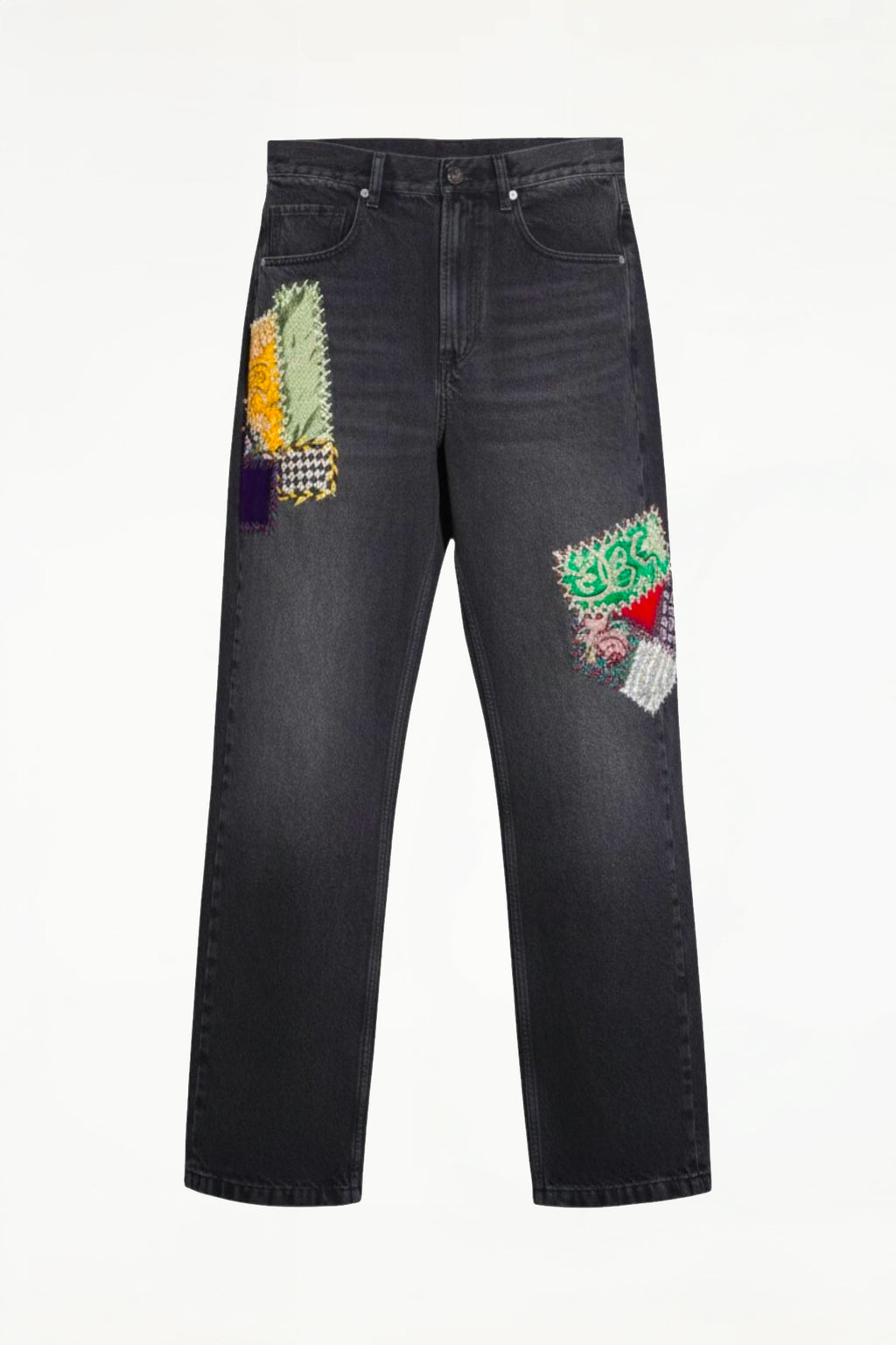 Hand-Embroidered Patchwork Denim Pants