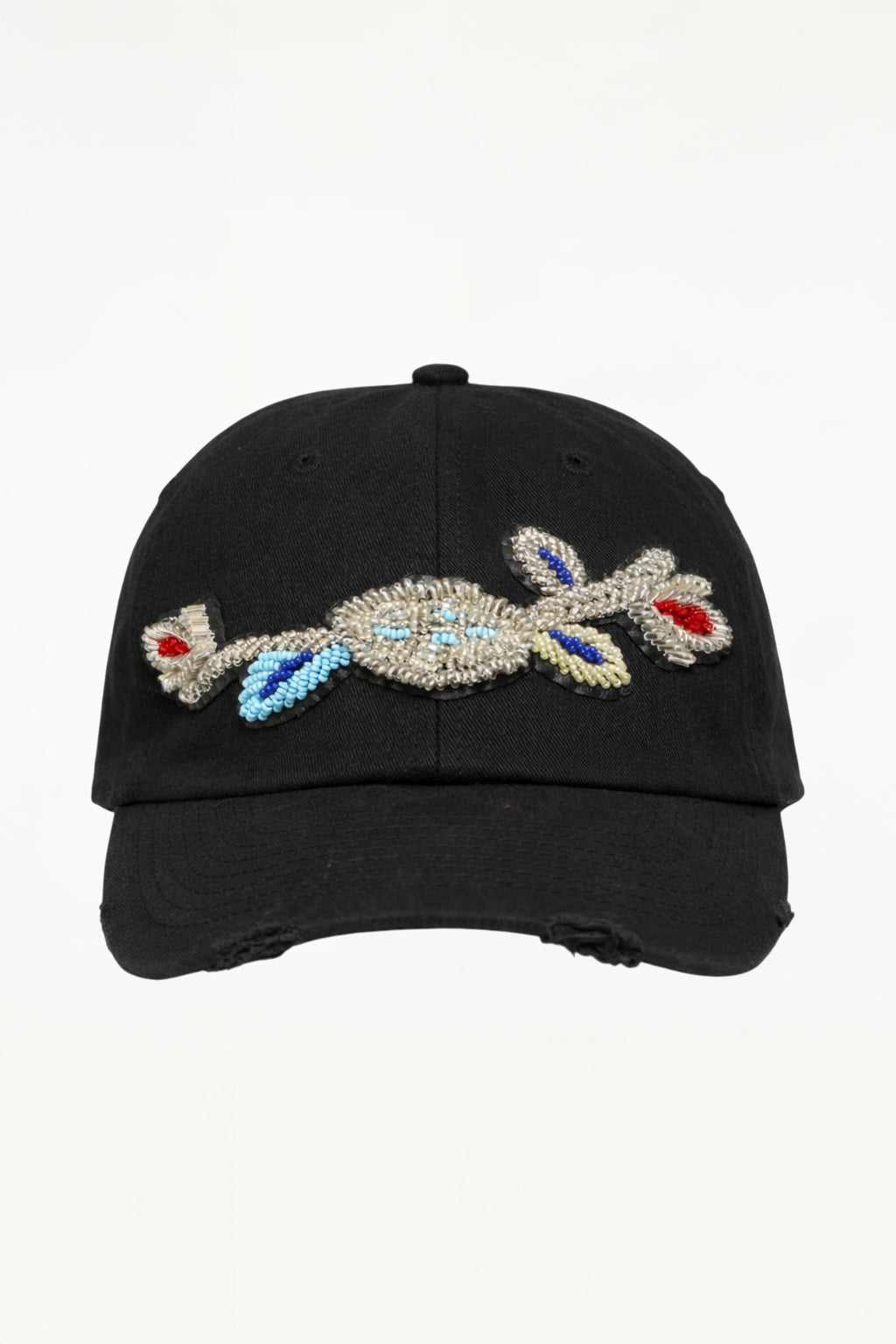 Hand-Embroidered Flower Black Cap
