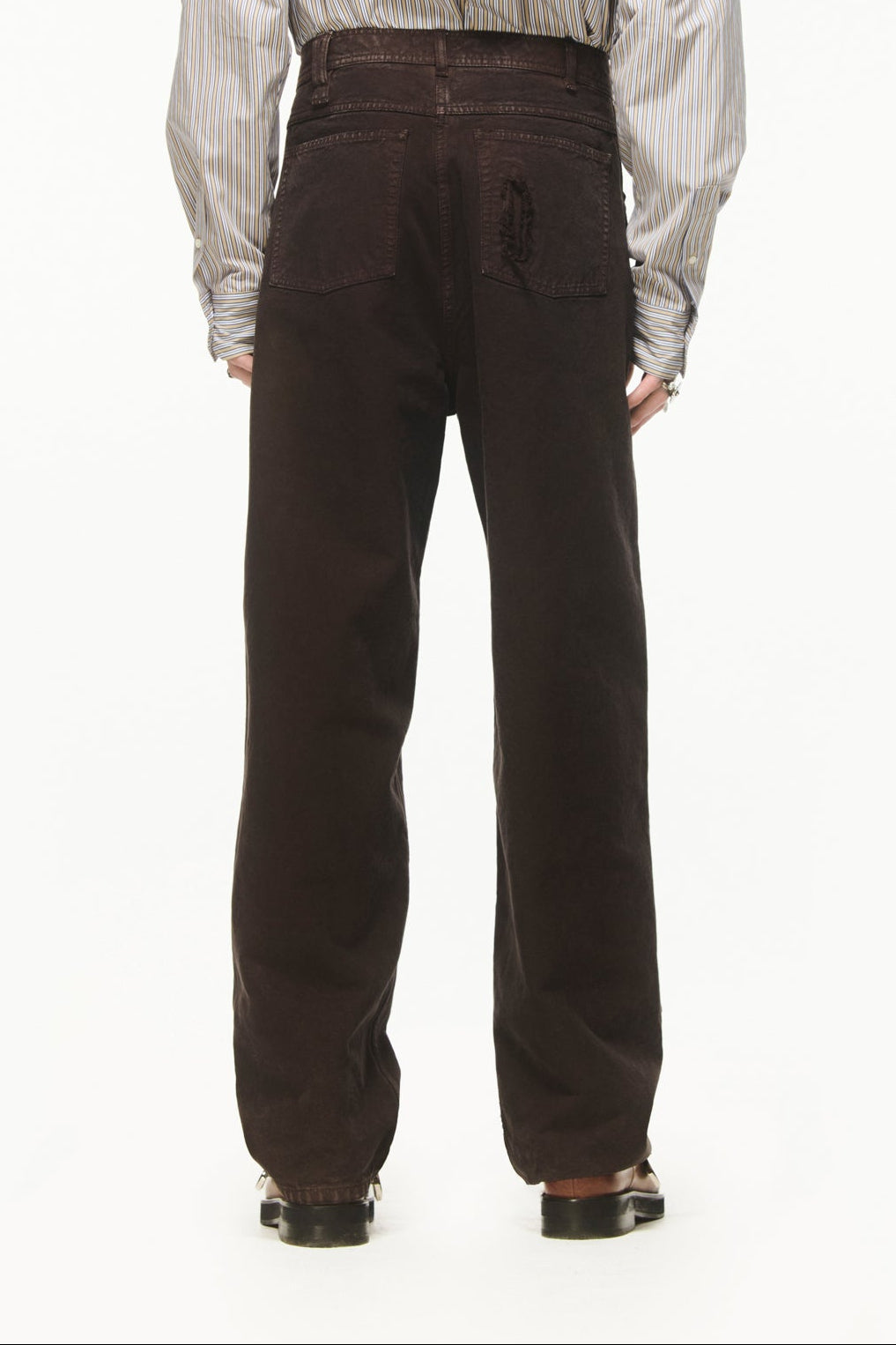 BLUEMARBLE garment-dyed brown canvas workwear pants featuring a relaxed fit, high-rise waist, knee patch panels, five-pocket construction, belt loops and zip fly closure.