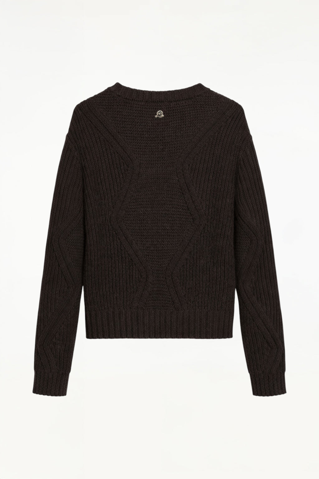 Back view of BLUEMARBLE dark grey chunky merino wool jumper featuring horizontal and vertical rib-knit detailing, zigzag patterns throughout the body and sleeves, ribbed crew neck, cuffs and hem, and a signature BLUEMARBLE emblem at the back.