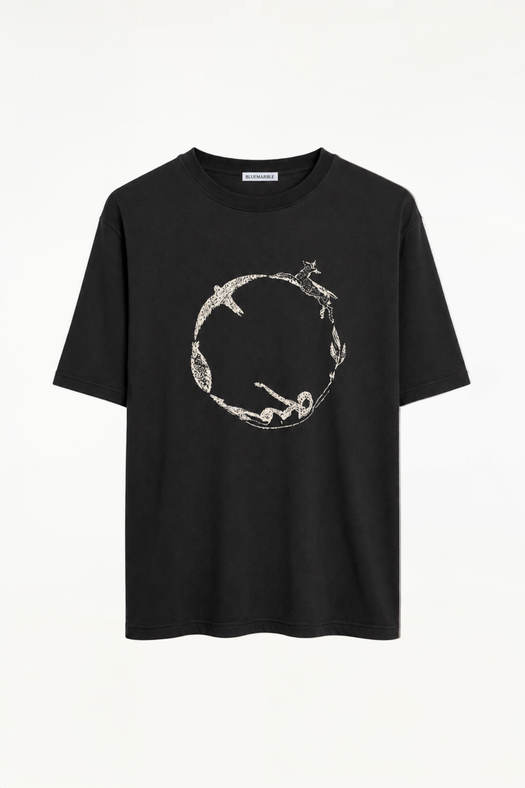 BLUEMARBLE black oversized cotton T-shirt with a Circle of Life graphic printed on the front, featuring a relaxed boxy fit, crew neck and short sleeves.
