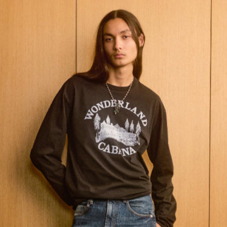 T-shirt à manches longues noir délavé « Wonderland Cabana »