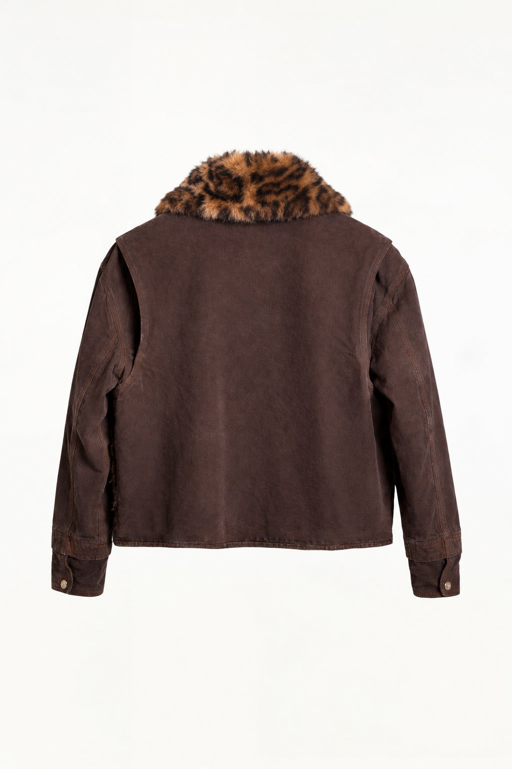 Back view of BLUEMARBLE brown garment-dyed canvas workwear jacket featuring a boxy fit, detachable leopard-print faux fur collar, distressed finish, four front pockets, zip closure and raw-edge hem.