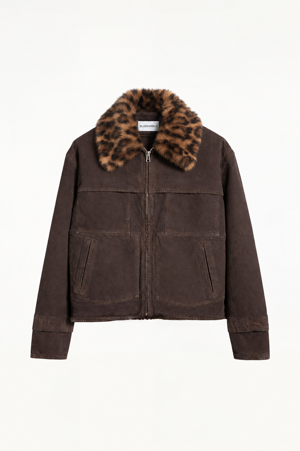 BLUEMARBLE brown garment-dyed canvas workwear jacket featuring a boxy fit, detachable leopard-print faux fur collar, distressed finish, four front pockets, zip closure and raw-edge hem.