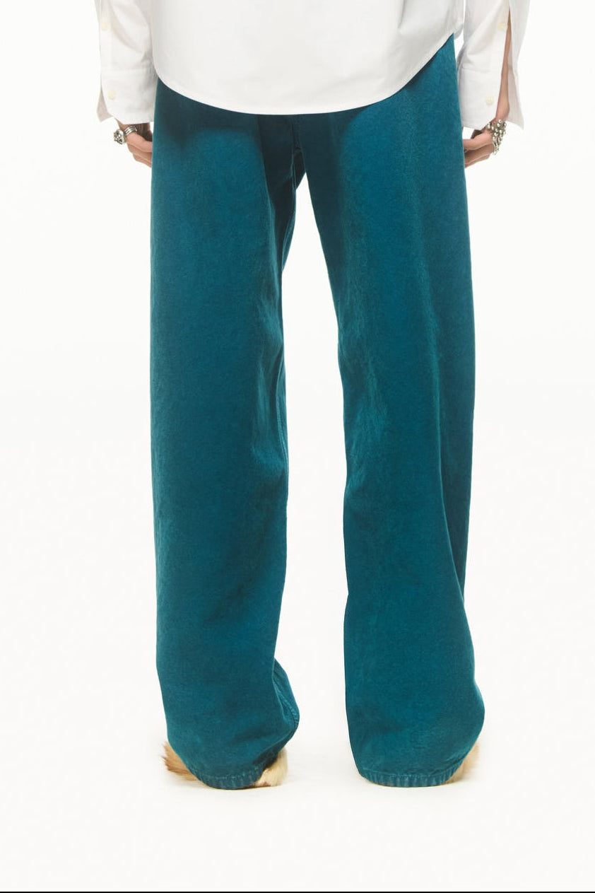BLUEMARBLE garment-dyed duck green canvas workwear pants featuring a relaxed fit, high-rise waist, knee patch panels, five-pocket construction, belt loops and zip fly closure.