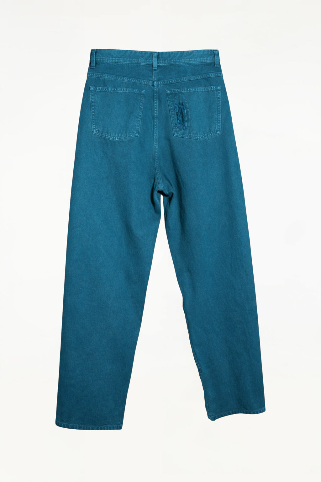 Back view of BLUEMARBLE garment-dyed duck green canvas workwear pants featuring a relaxed fit, high-rise waist, knee patch panels, five-pocket construction, belt loops and zip fly closure.