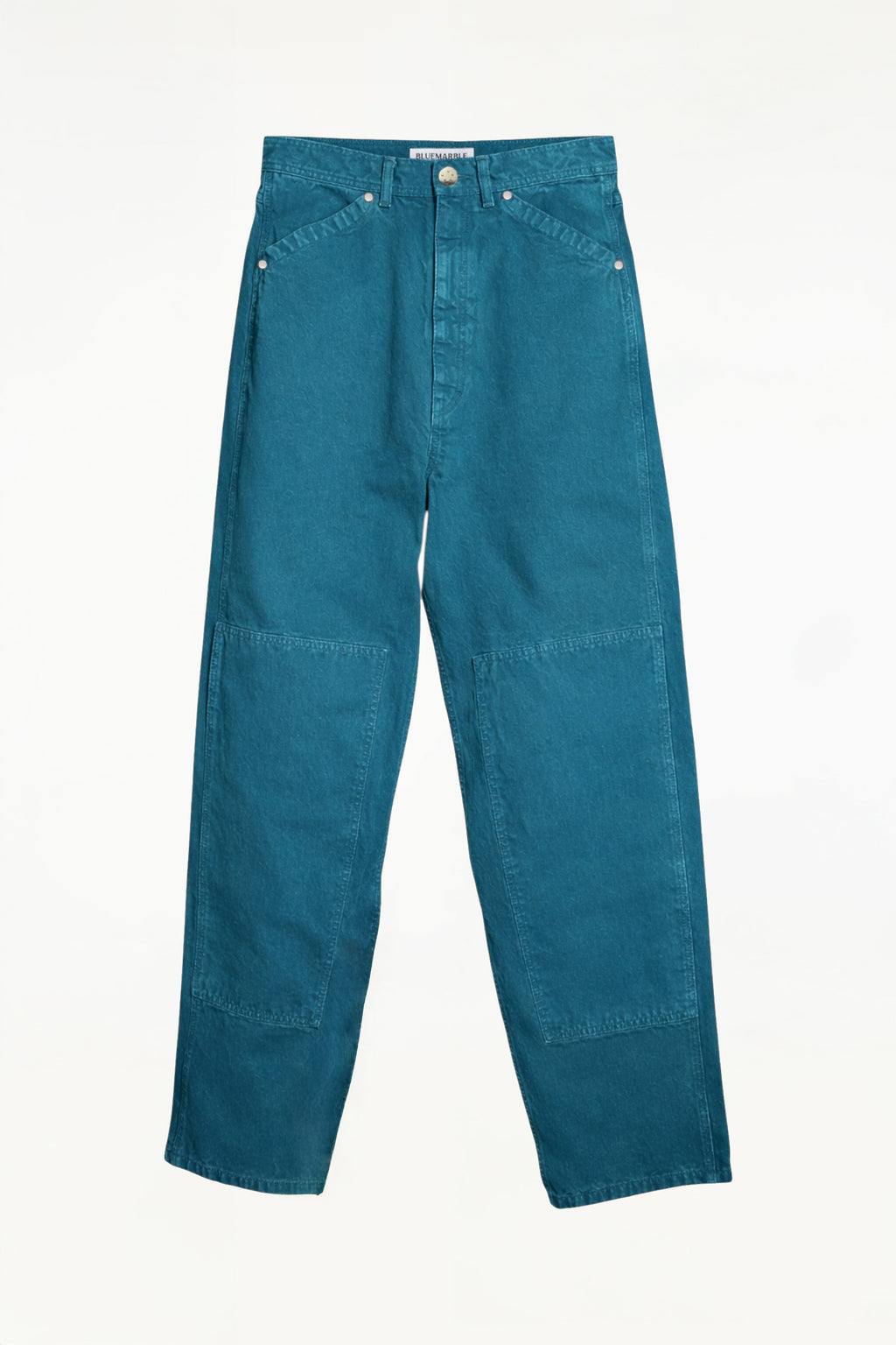 BLUEMARBLE garment-dyed duck green canvas workwear pants featuring a relaxed fit, high-rise waist, knee patch panels, five-pocket construction, belt loops and zip fly closure.