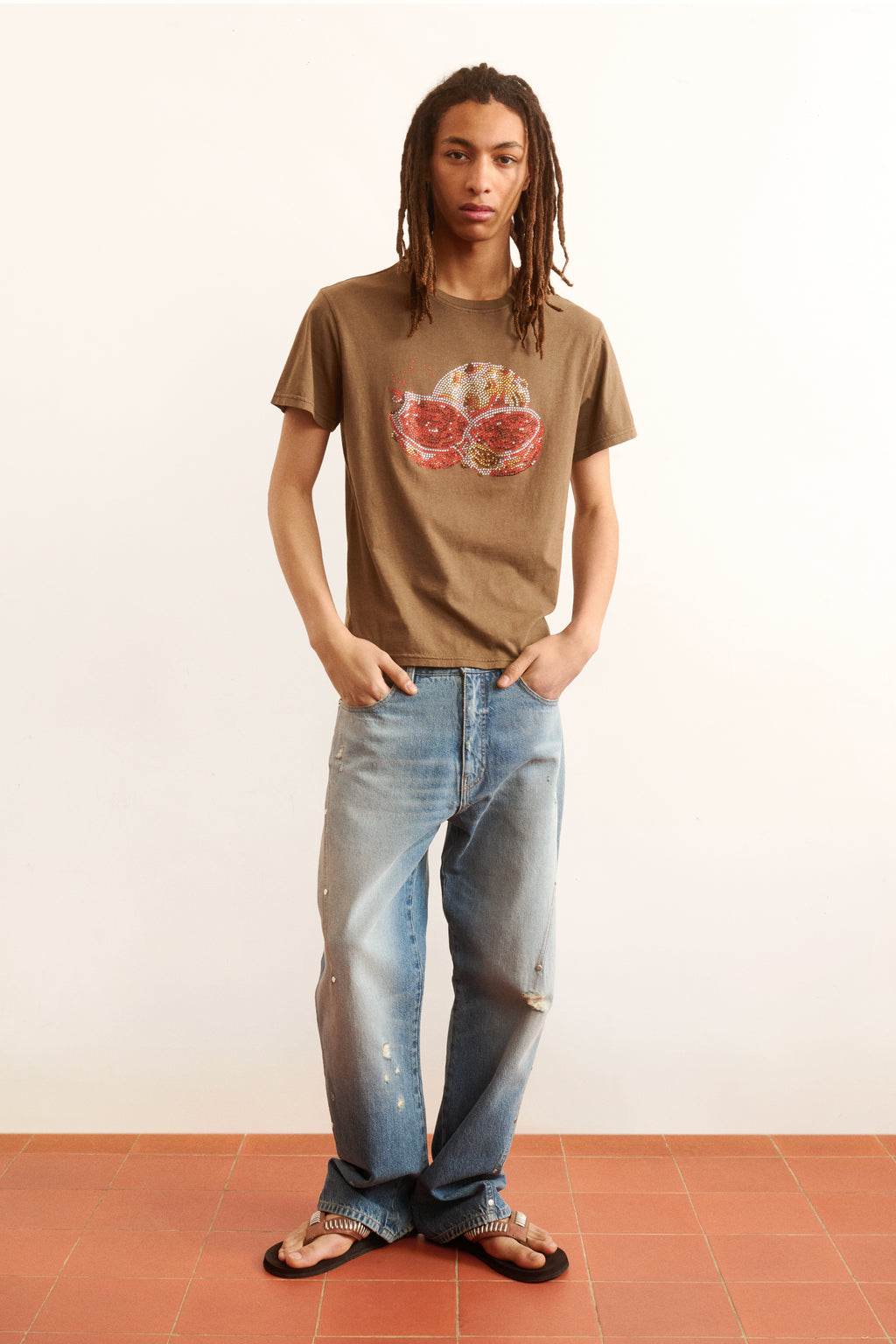 Men's brown t-shirt with a graphic design of a natural motif