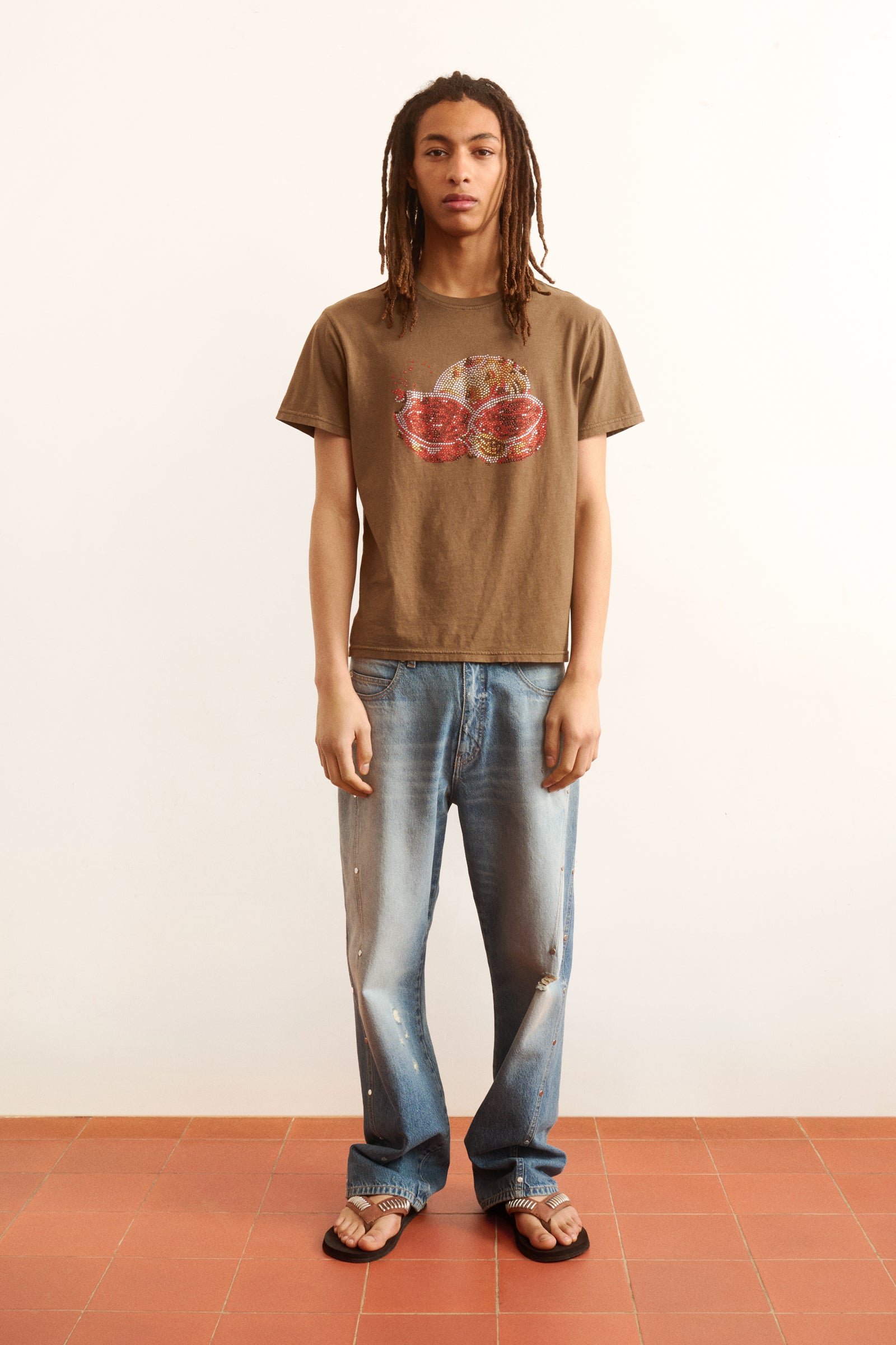 Men's brown t-shirt with a graphic design of a natural motif