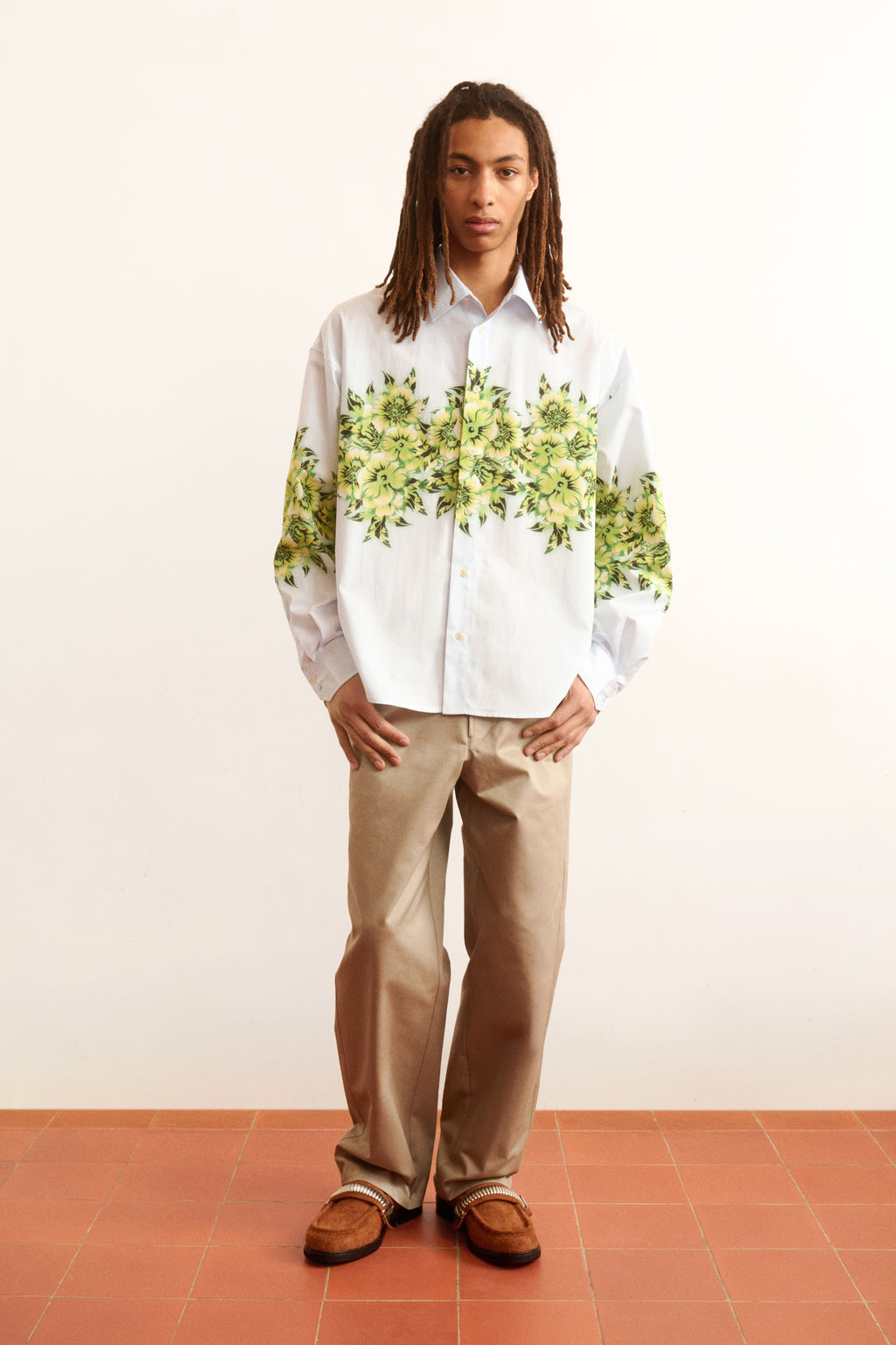 Men's light-blue cotton shirt printed floral relaxed fit