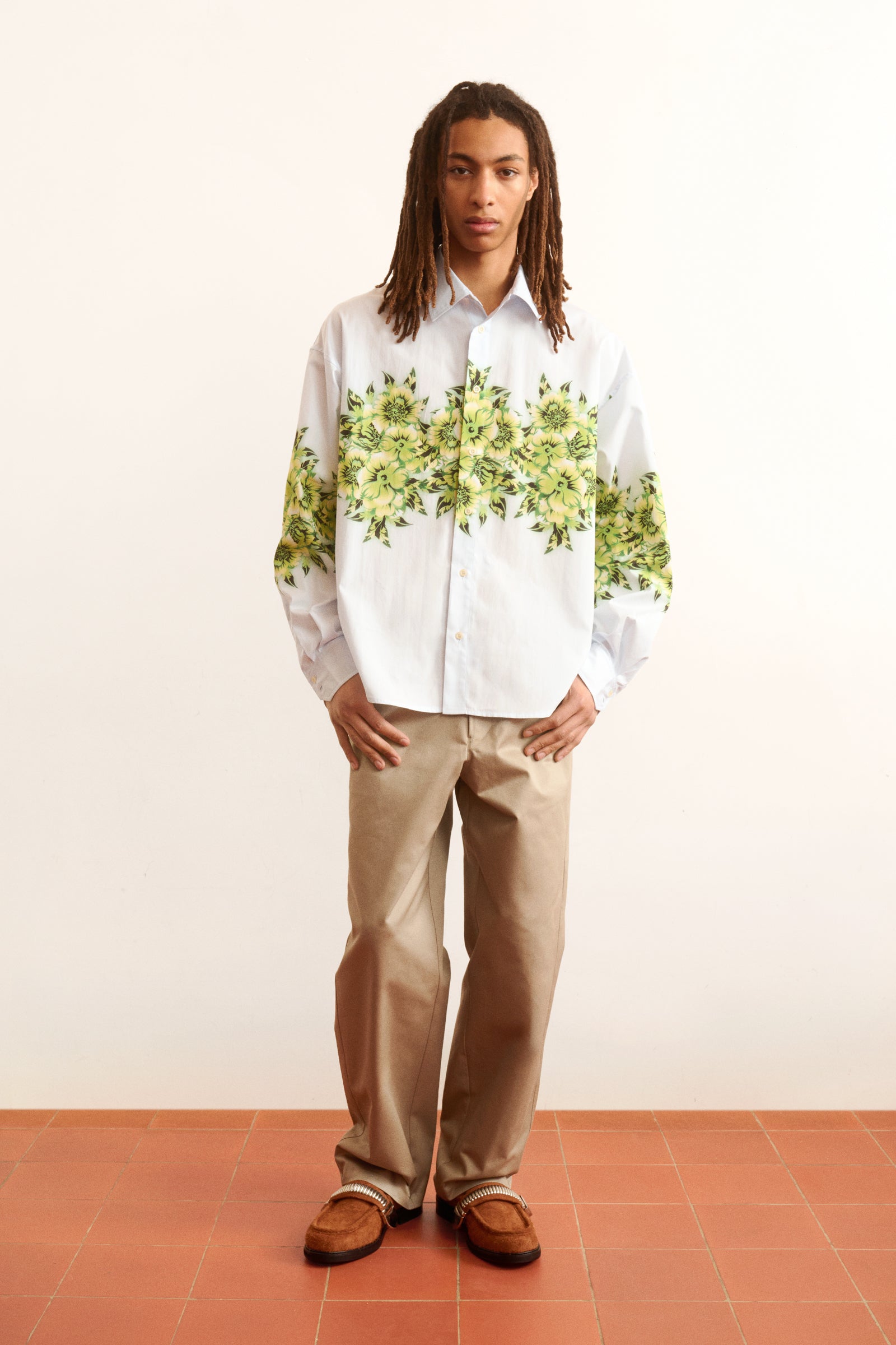 Men's light-blue cotton shirt printed floral relaxed fit