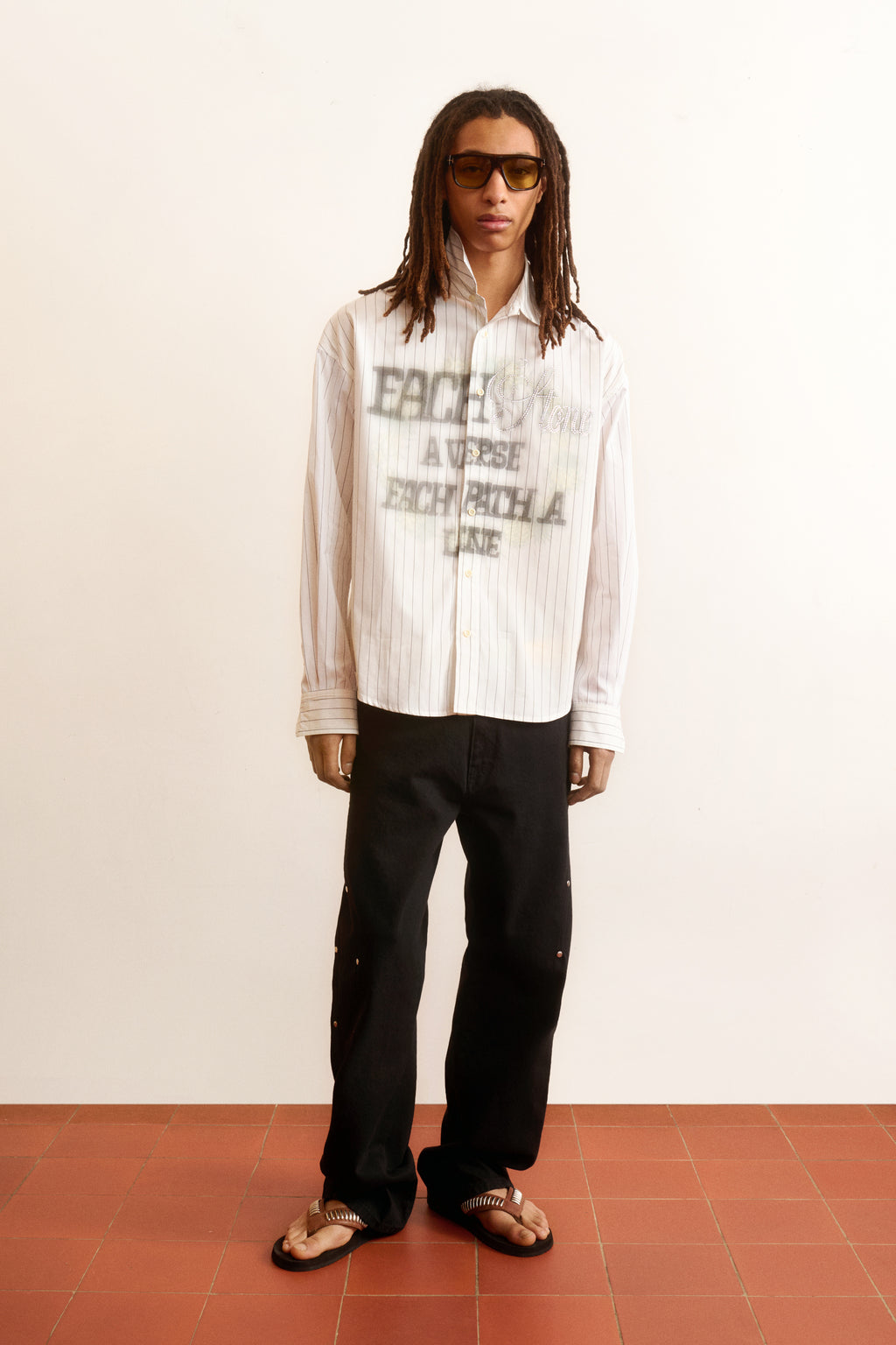 Men's white cotton shirt printed poetic rhinestone relaxed fit