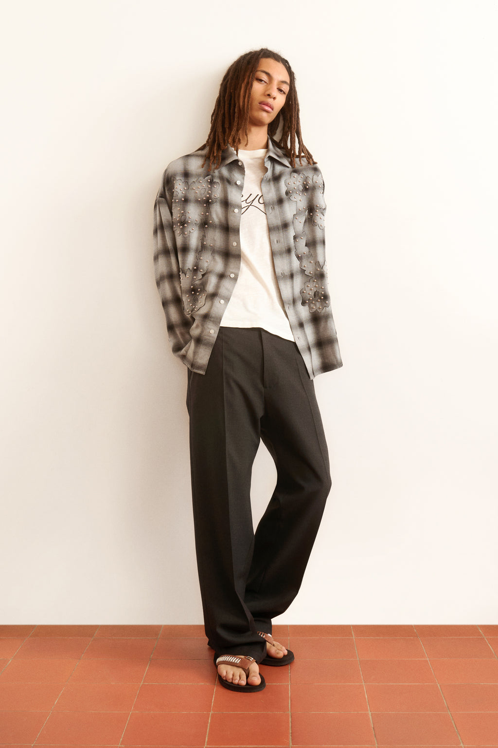 Men's grey plaid shirt floral studded motif