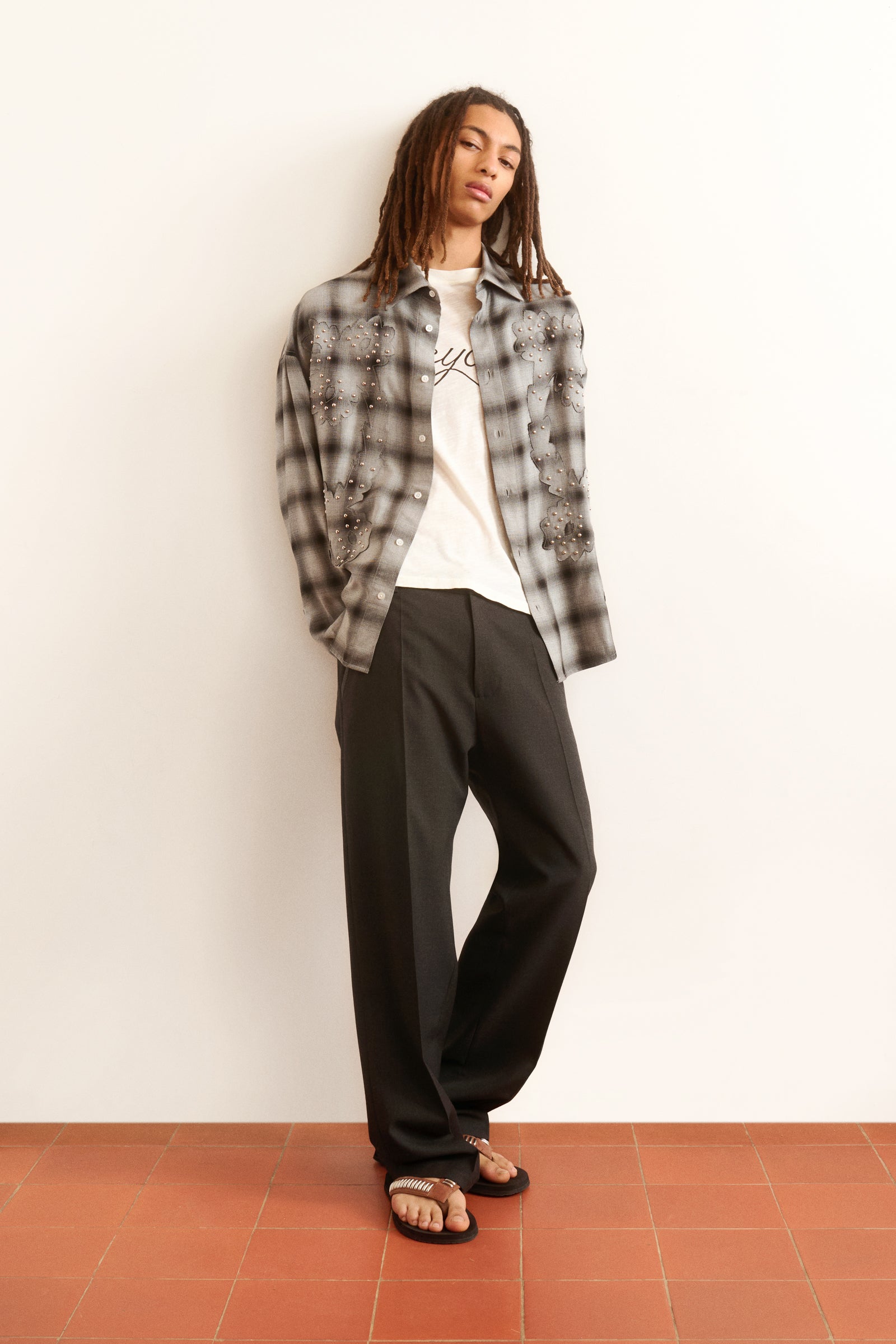 Men's grey plaid shirt floral studded motif