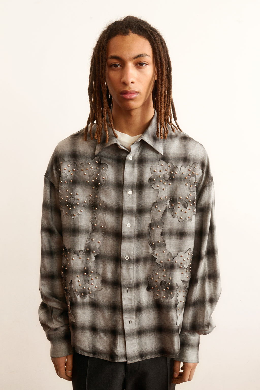 Men's grey plaid shirt floral studded motif