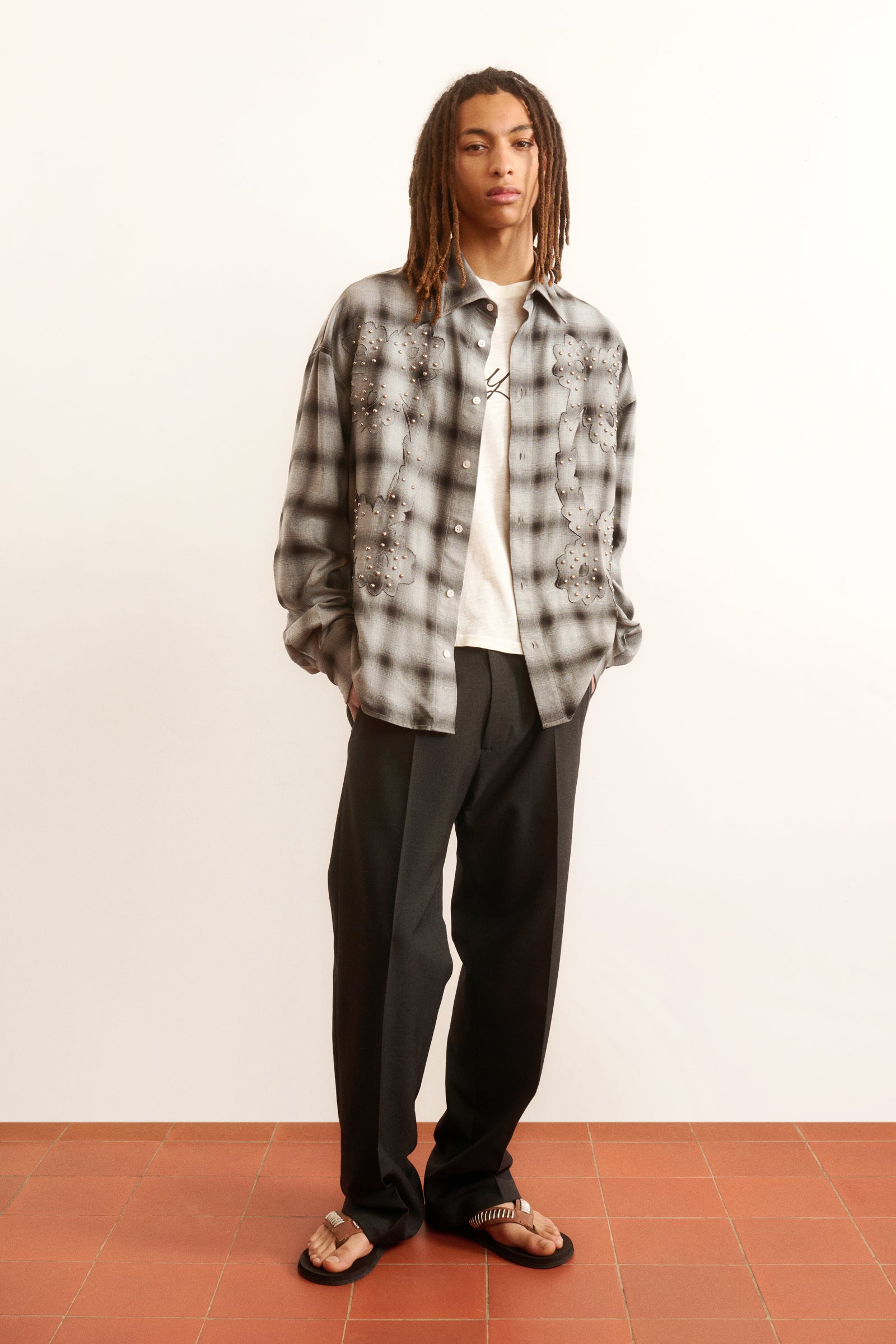 Men's grey plaid shirt floral studded motif