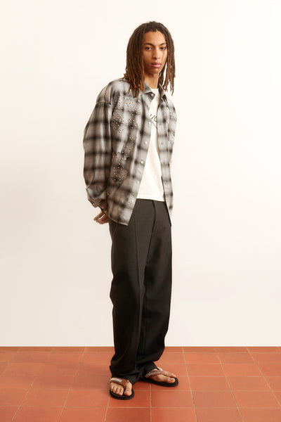 Men's grey plaid shirt floral studded motif