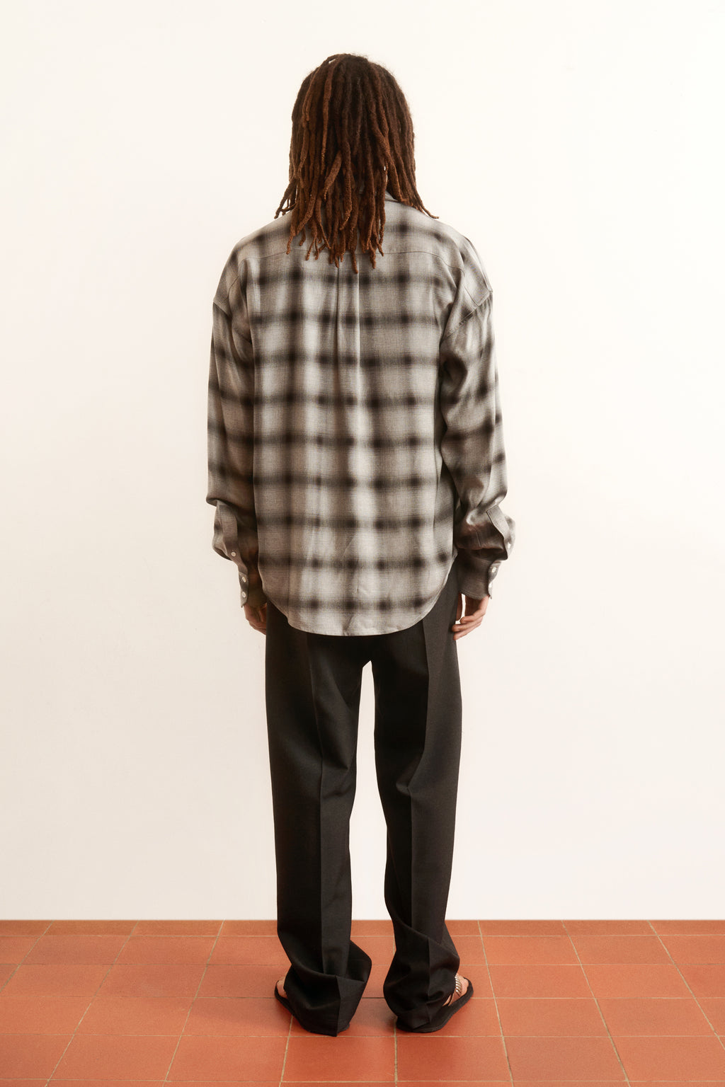 Men's grey plaid shirt floral studded motif