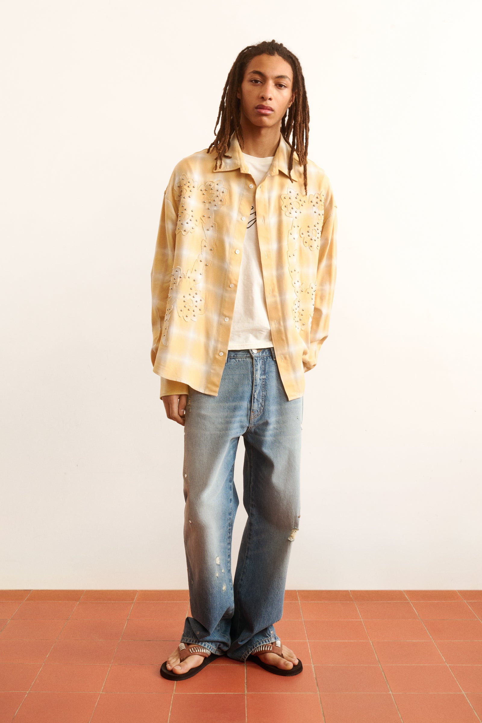 Men's yellow plaid shirt floral studded motif