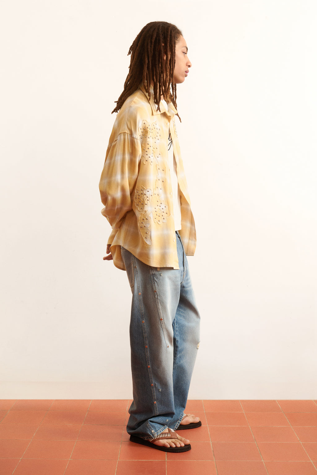 Men's yellow plaid shirt floral studded motif