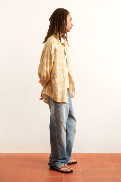 Men's yellow plaid shirt floral studded motif