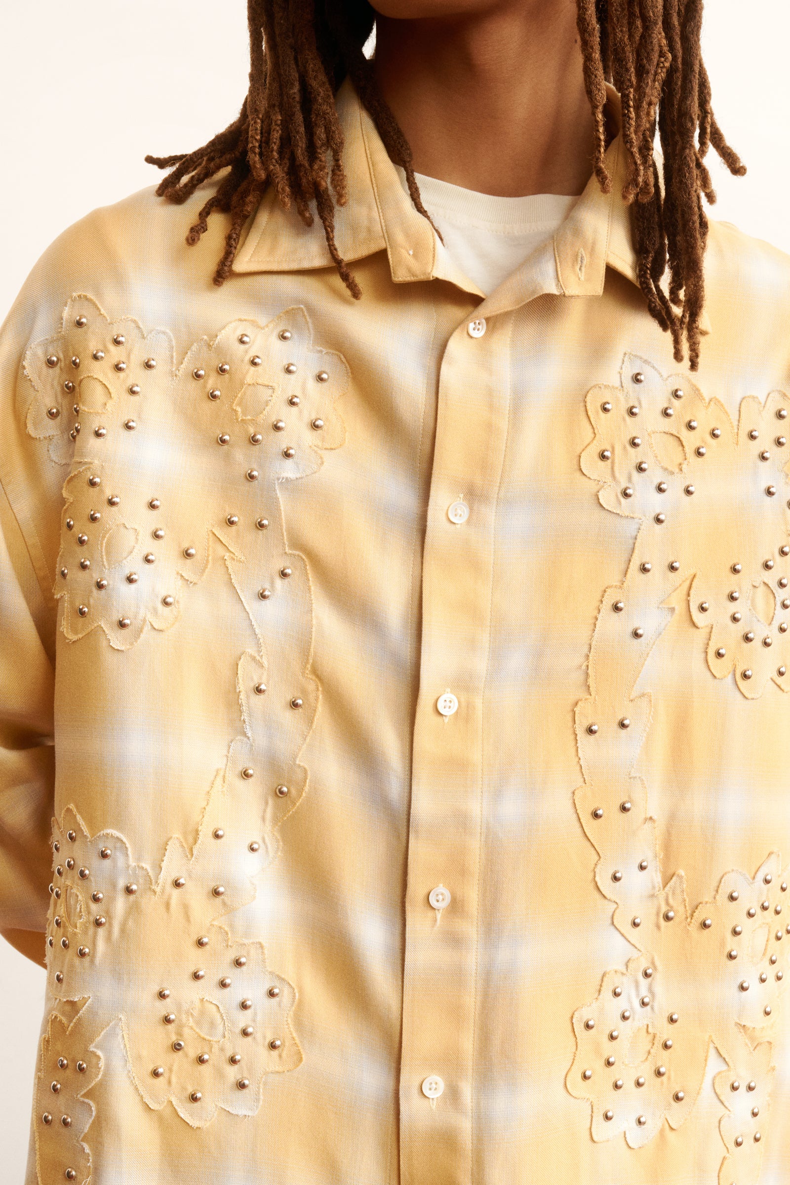 Men's yellow plaid shirt floral studded motif