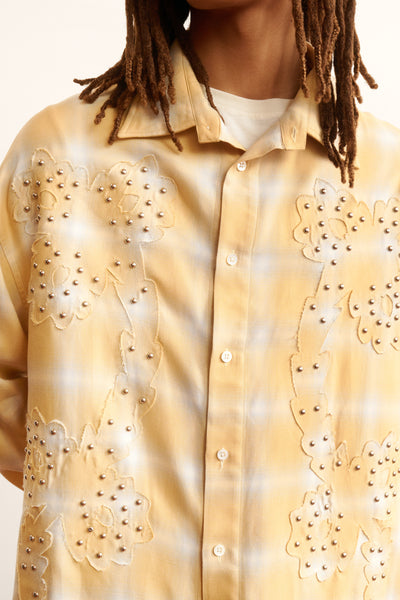 Men's yellow plaid shirt floral studded motif