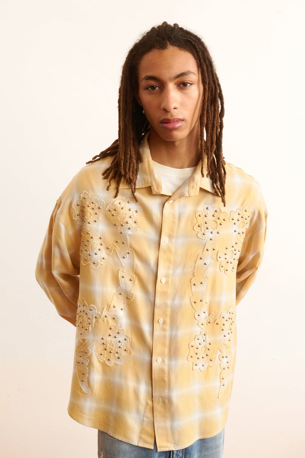 Men's yellow plaid shirt floral studded motif