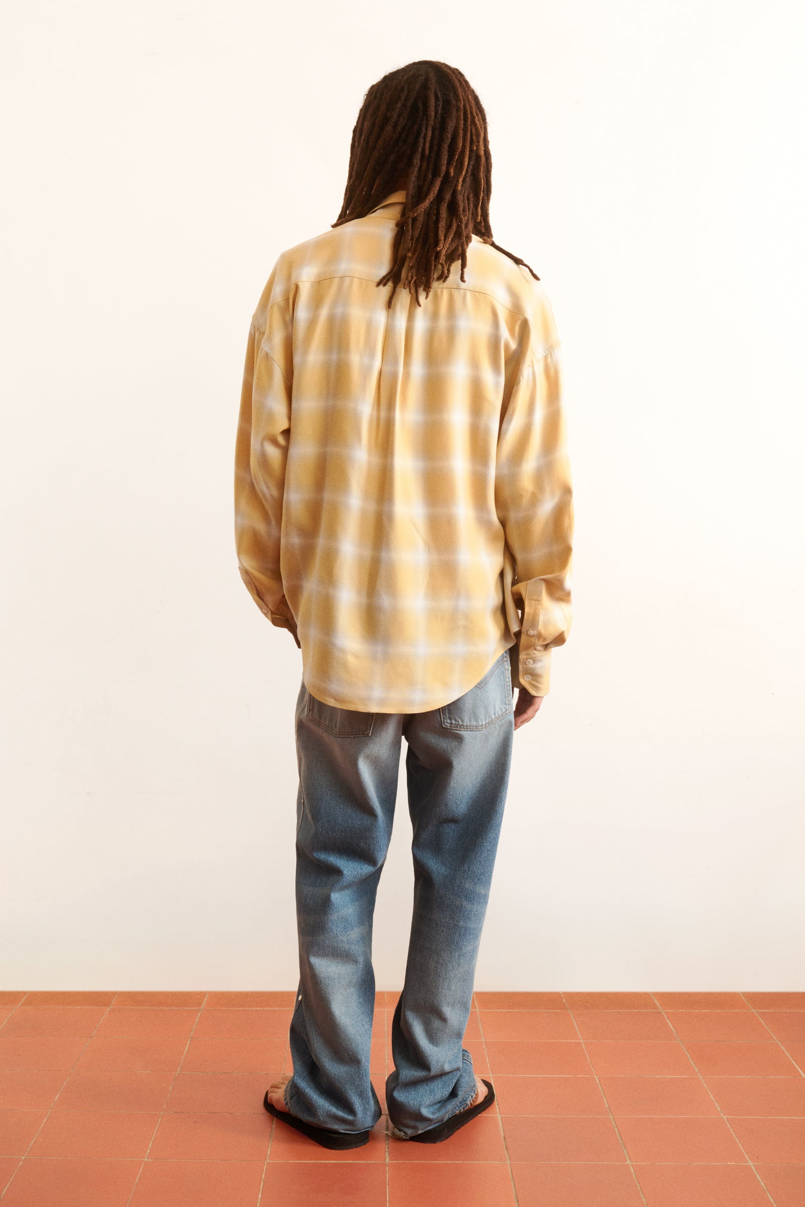 Men's yellow plaid shirt floral studded motif