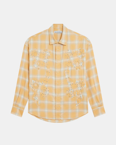 Men's yellow plaid shirt floral studded motif
