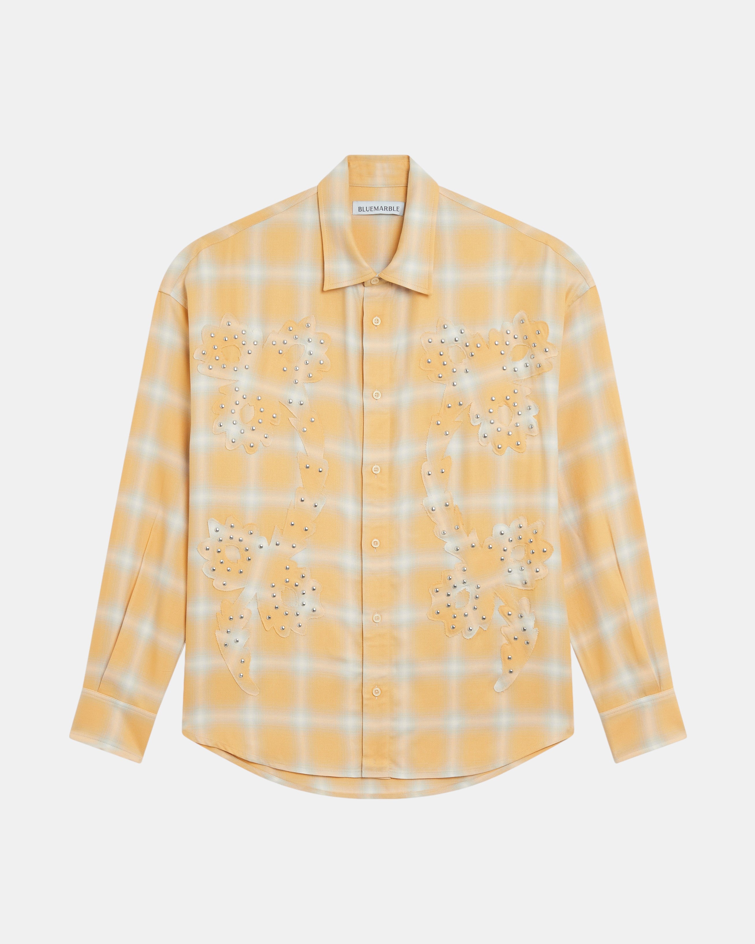 Men's yellow plaid shirt floral studded motif