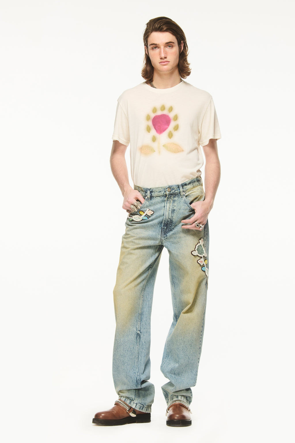 Flower Hand Embroidered Denim Pants