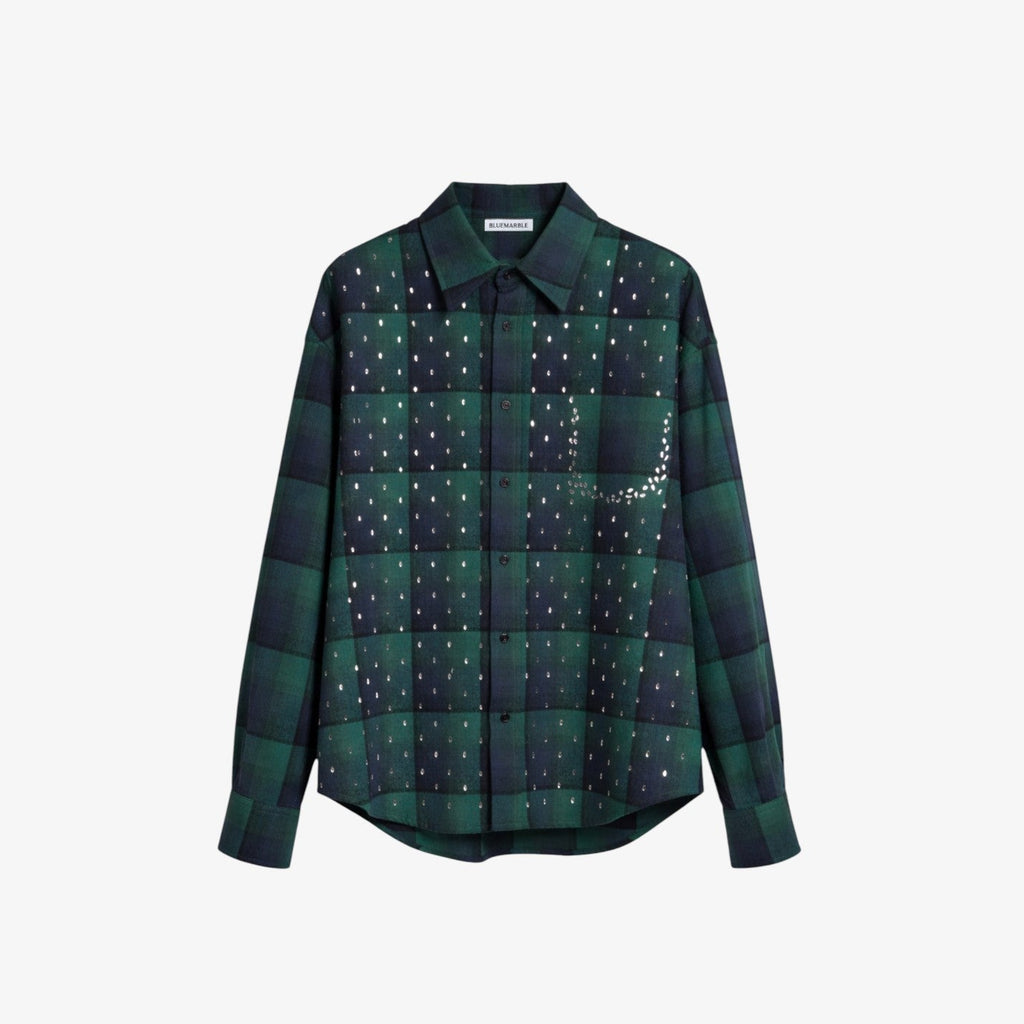 BLUEMARBLE green and navy checked shirt in brushed cotton flannel, featuring rhinestone raindrop embellishments across the front forming the outline of a pocket, a slightly oversized fit and front button closure.