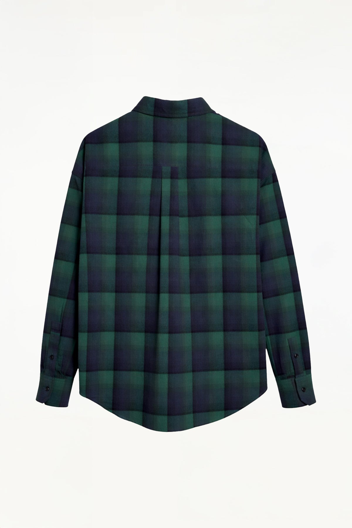 Back view of BLUEMARBLE green and navy checked shirt in brushed cotton flannel, featuring rhinestone raindrop embellishments across the front forming the outline of a pocket, a slightly oversized fit and front button closure.