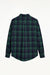 Back view of BLUEMARBLE green and navy checked shirt in brushed cotton flannel, featuring rhinestone raindrop embellishments across the front forming the outline of a pocket, a slightly oversized fit and front button closure.