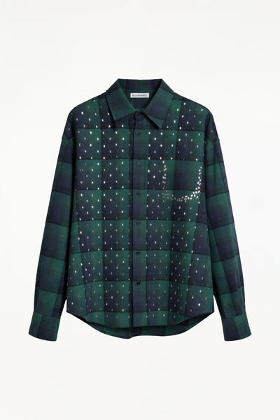 BLUEMARBLE green and navy checked shirt in brushed cotton flannel, featuring rhinestone raindrop embellishments across the front forming the outline of a pocket, a slightly oversized fit and front button closure.
