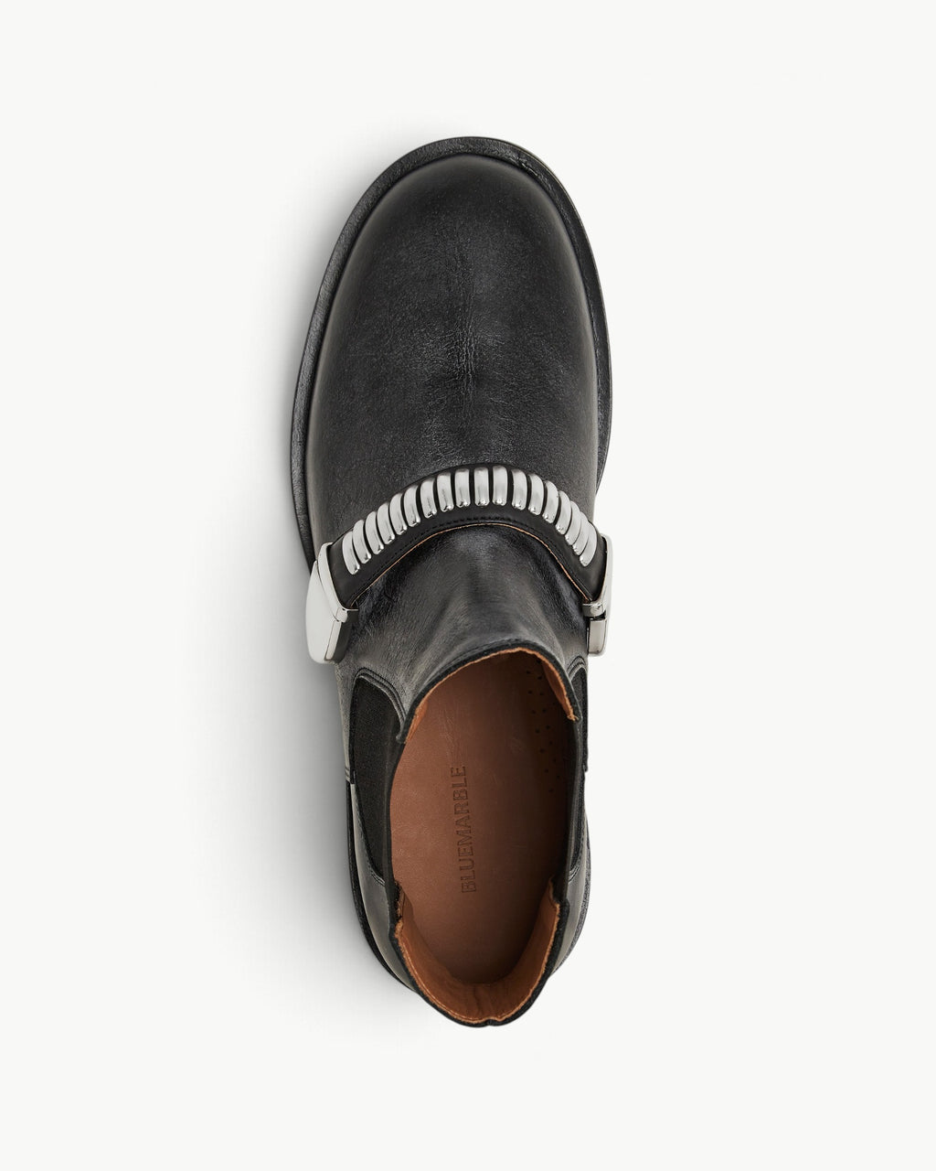 BLUEMARBLE black patinated leather Chelsea boots featuring a round toe, elasticated side gussets, signature studded strap detailing, silver-tone metal hardware, a low stacked heel and black sole.
