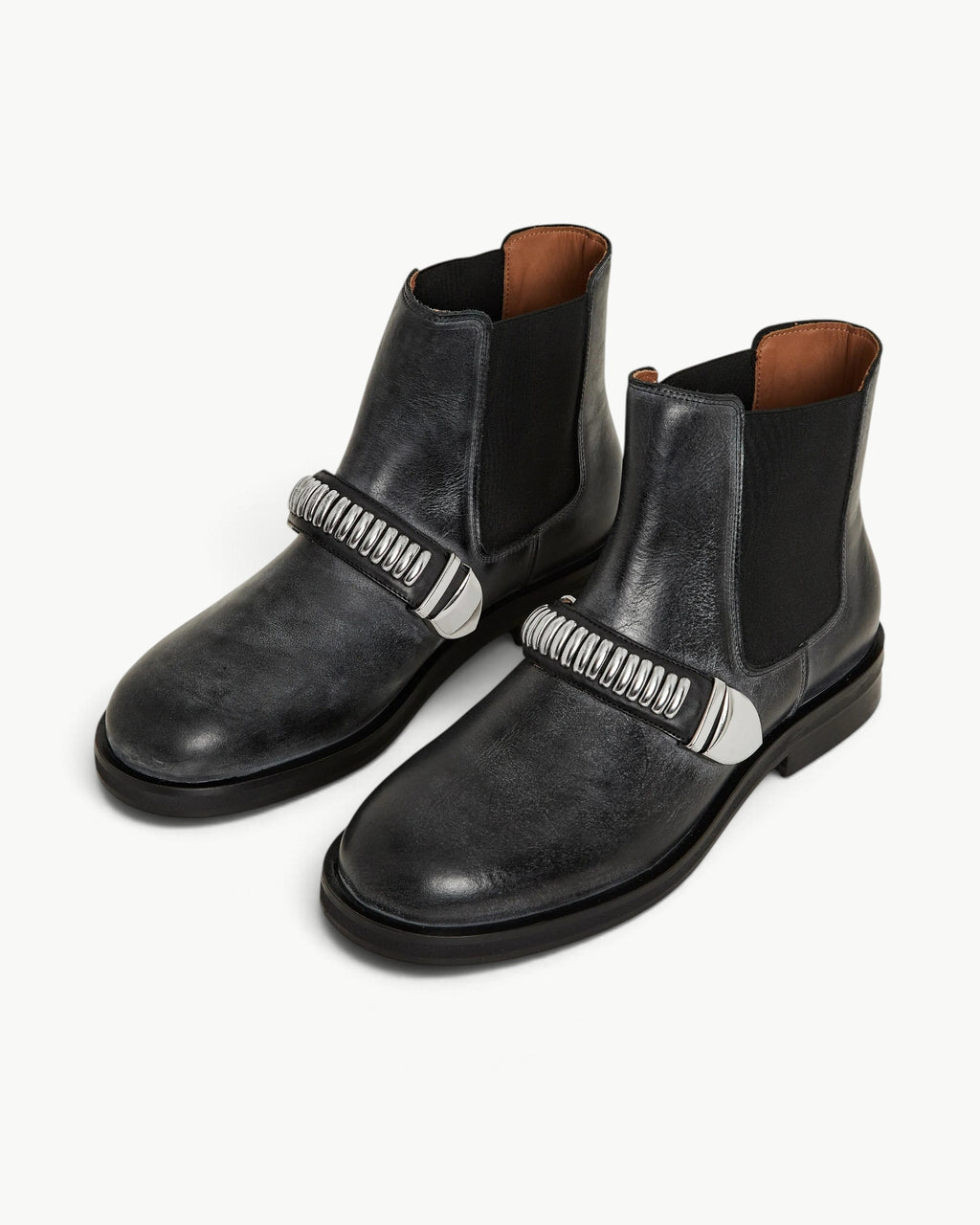 BLUEMARBLE black patinated leather Chelsea boots featuring a round toe, elasticated side gussets, signature studded strap detailing, silver-tone metal hardware, a low stacked heel and black sole.