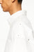 Zoom view of BLUEMARBLE white poplin shirt featuring molten metal studs along the shoulders and armholes, raw-edge detailing, a slightly oversized fit, chest patch pocket and button-down collar.
