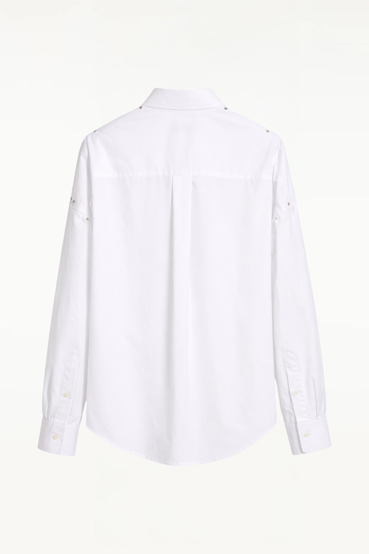 Back view of BLUEMARBLE white poplin shirt featuring molten metal studs along the shoulders and armholes, raw-edge detailing, a slightly oversized fit, chest patch pocket and button-down collar.