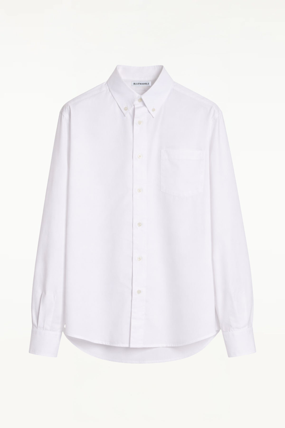 BLUEMARBLE white poplin shirt featuring molten metal studs along the shoulders and armholes, raw-edge detailing, a slightly oversized fit, chest patch pocket and button-down collar.