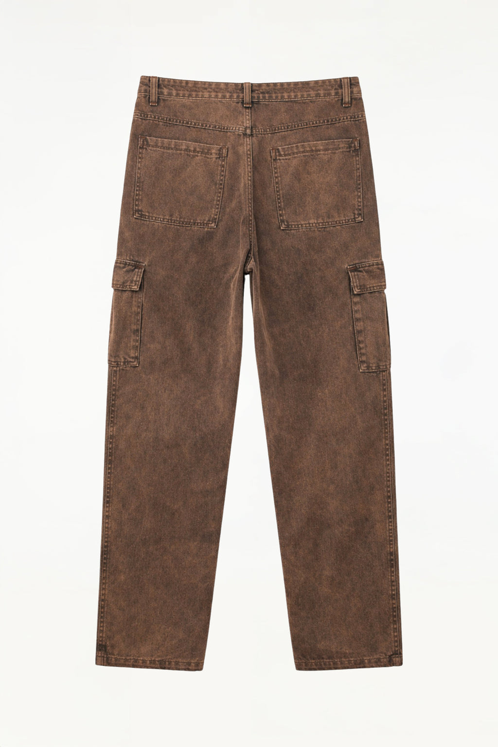 Back view of BLUEMARBLE brown cargo pants in lightweight cotton twill featuring a fade-out wash, relaxed fit, two side pockets, two cargo pockets, two back patch pockets and belt loops.