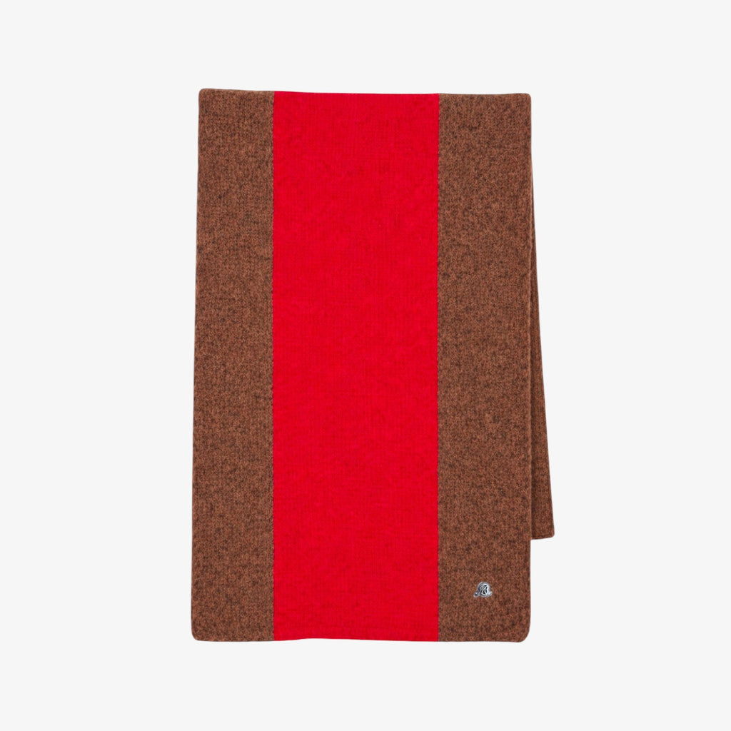 Bluemarble folded wool-blend scarf featuring a bold vertical stripe pattern of vibrant red in the center, flanked by two medium brown stripes on the sides, shown against a plain white background.