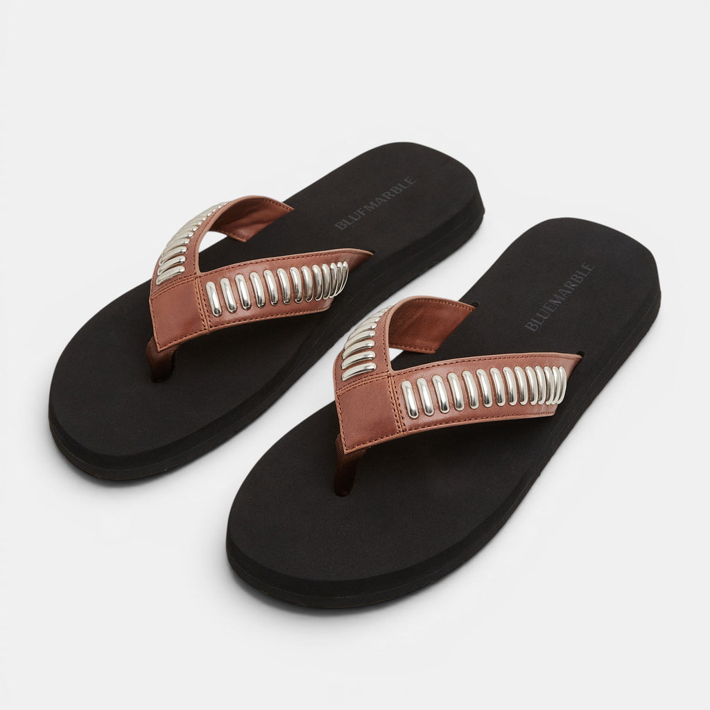 Men's black summer flip flops with silver accents and leather straps