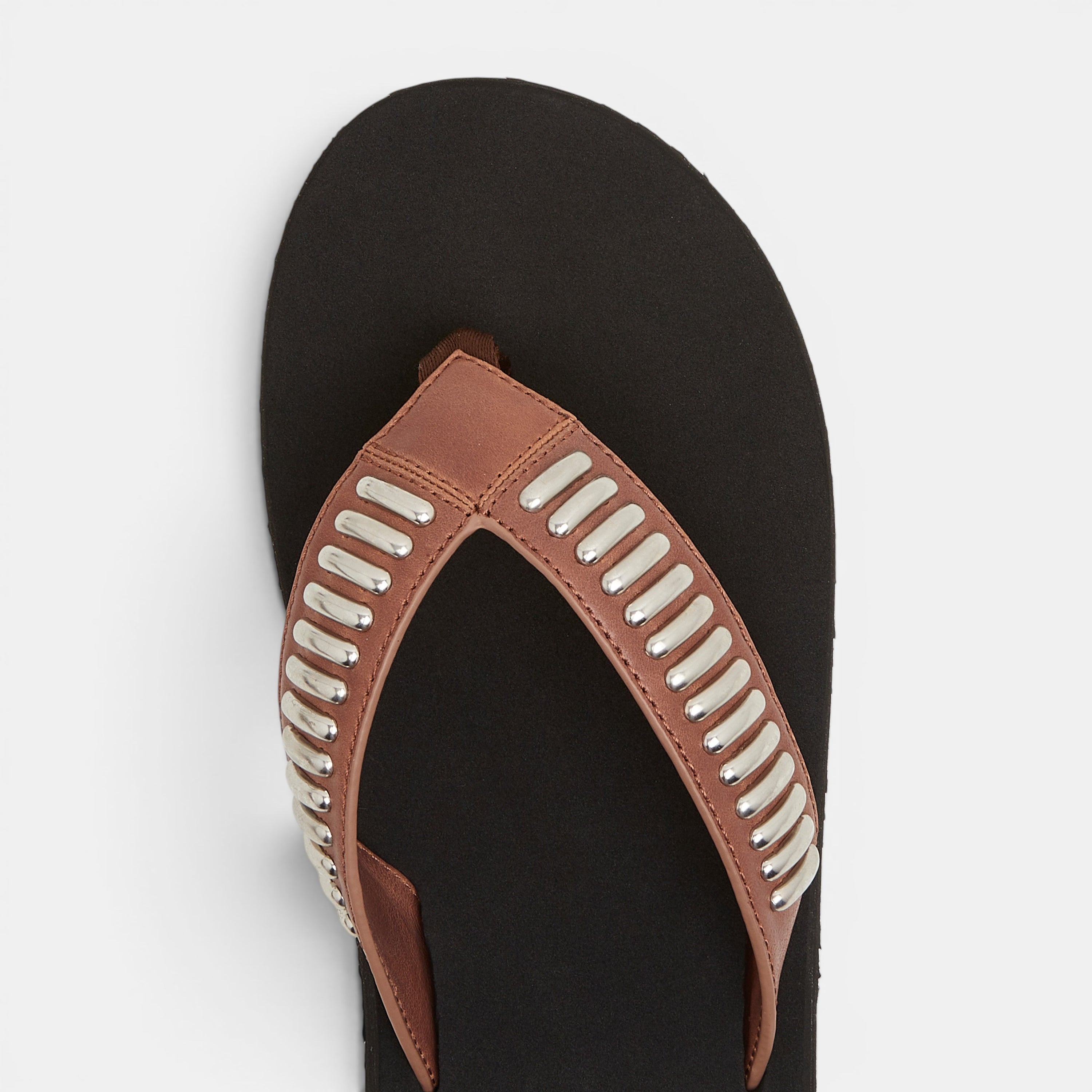 Men's black summer flip flops with silver accents and leather straps