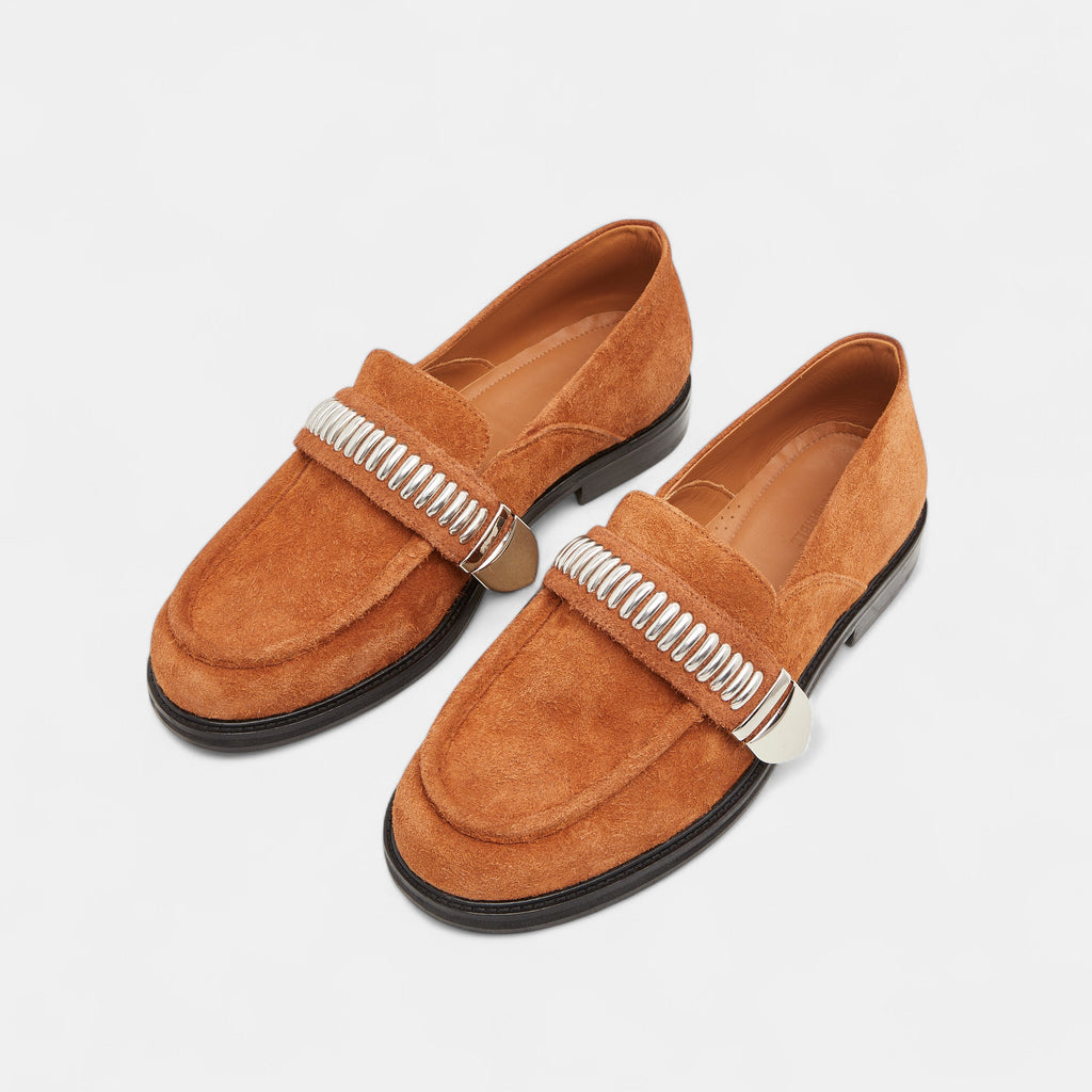 Men's brown suede loafers with silver accents 