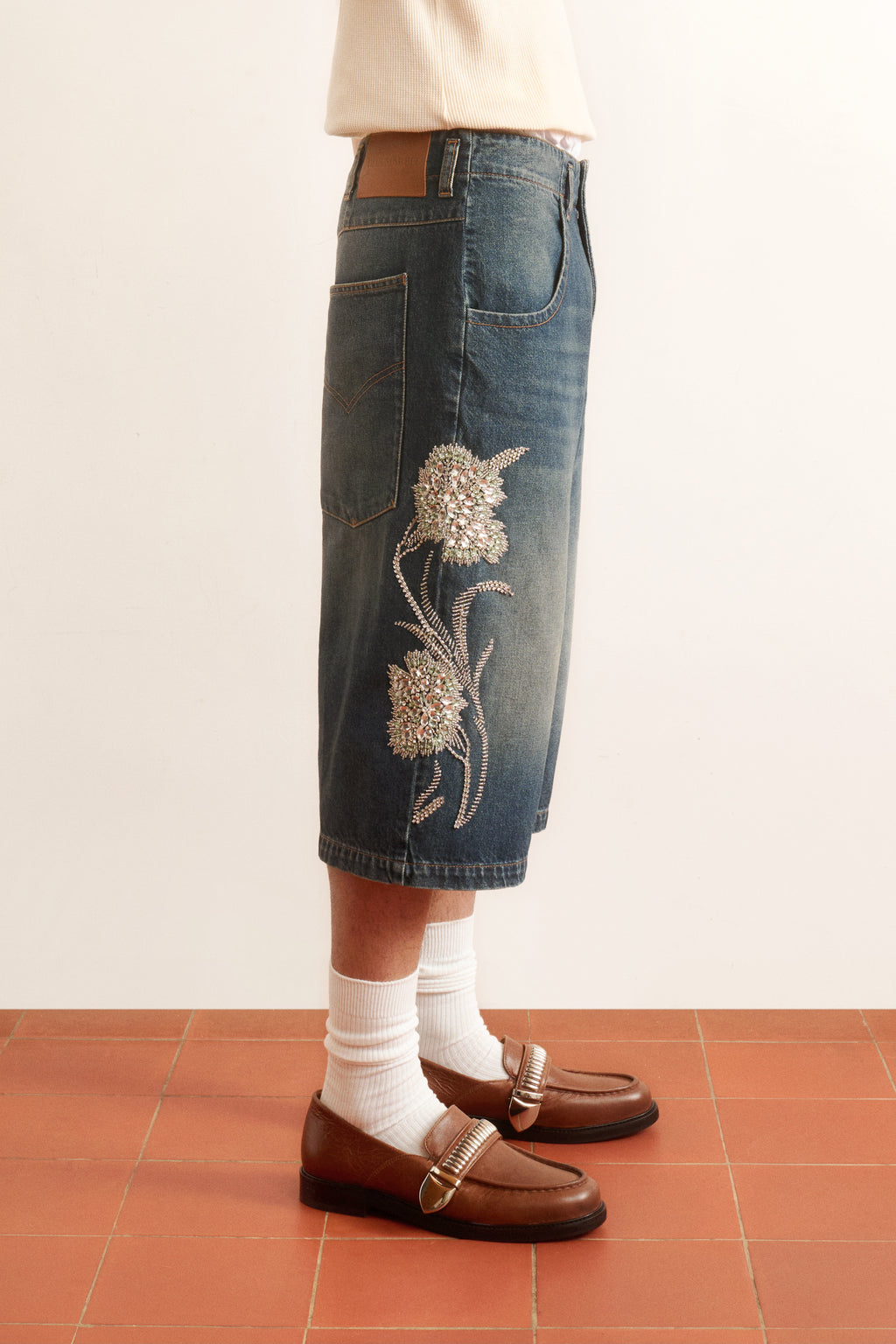 Men's blue denim shorts with crystal embroidery