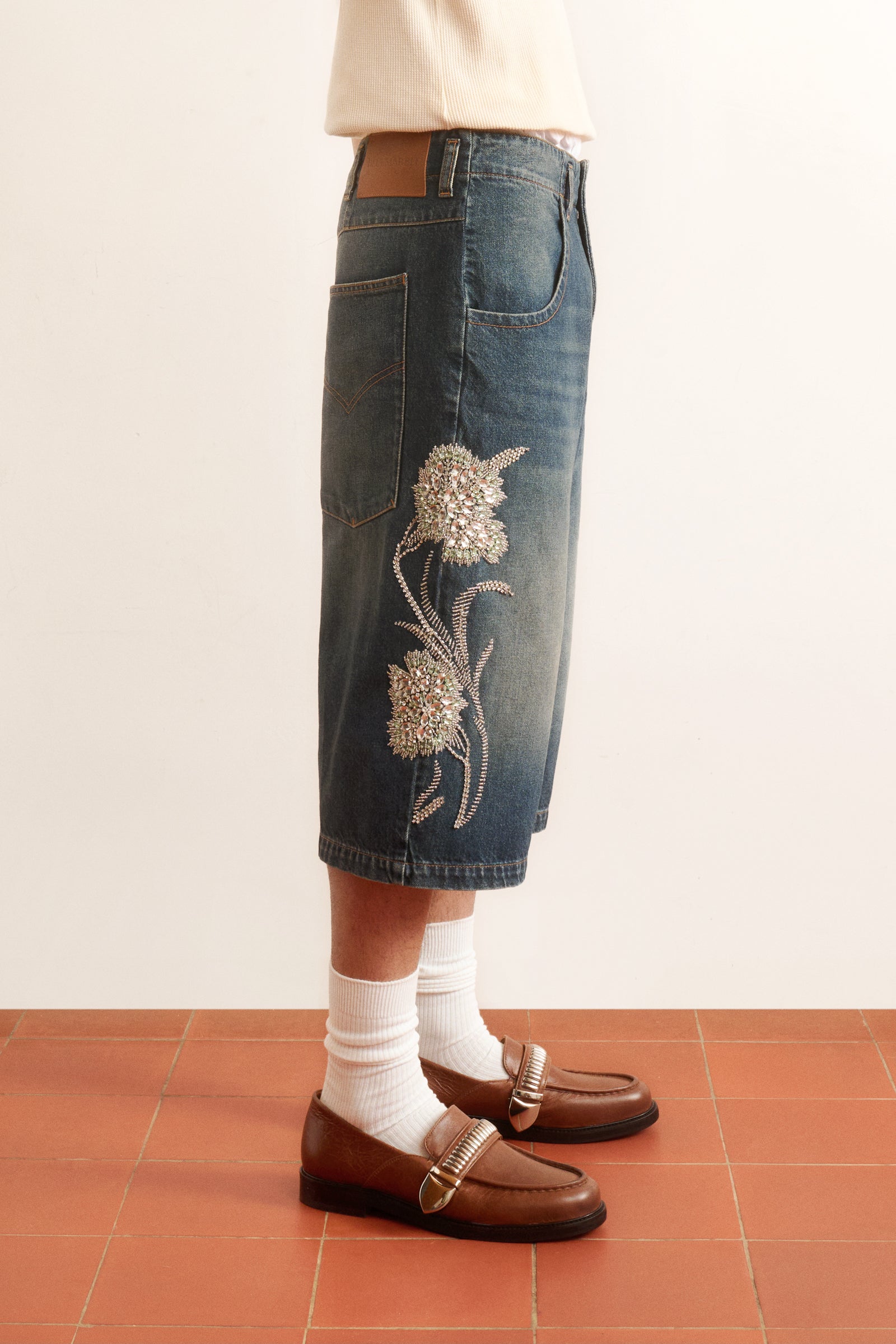 Men's blue denim shorts with crystal embroidery