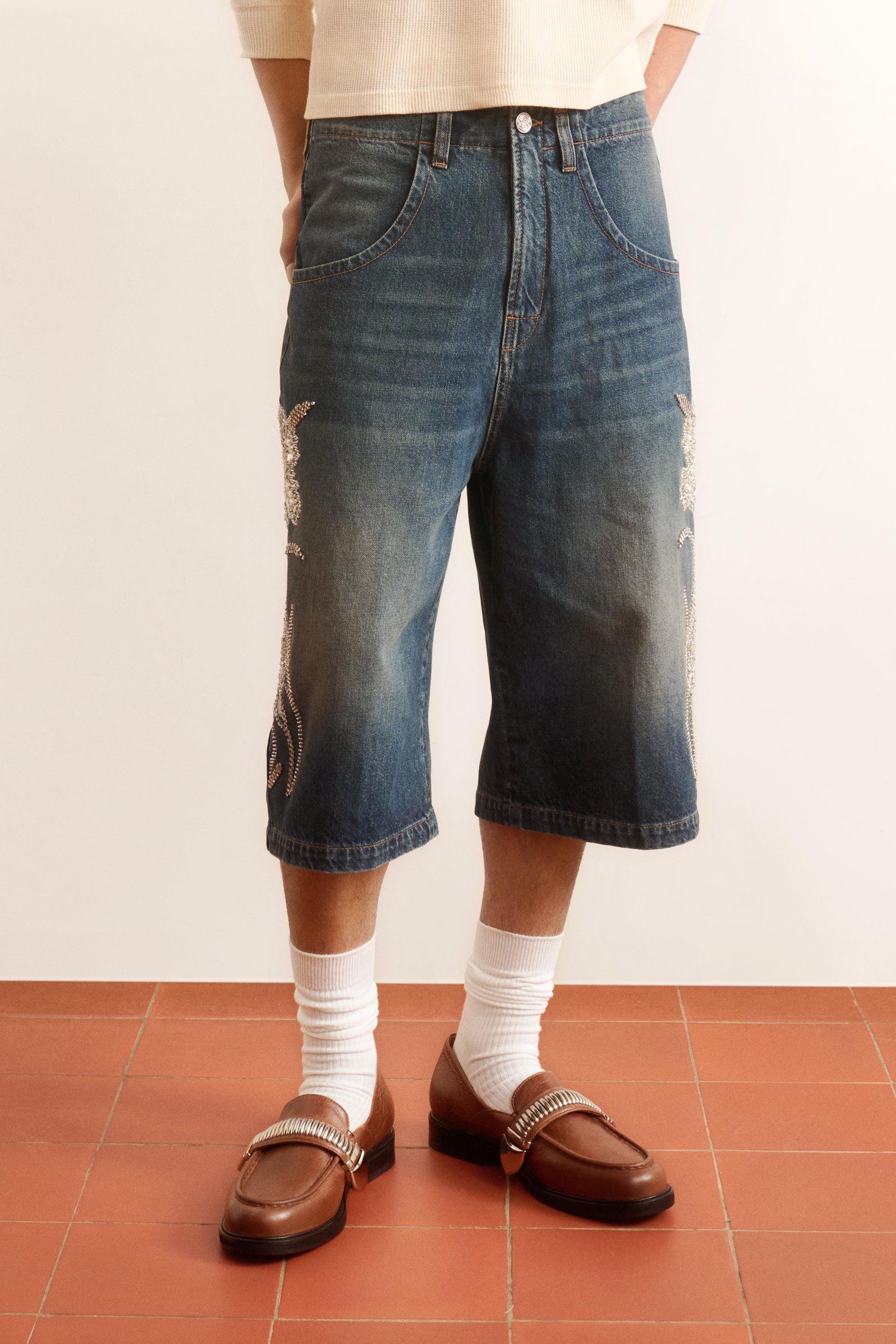 Men's blue denim shorts with crystal embroidery